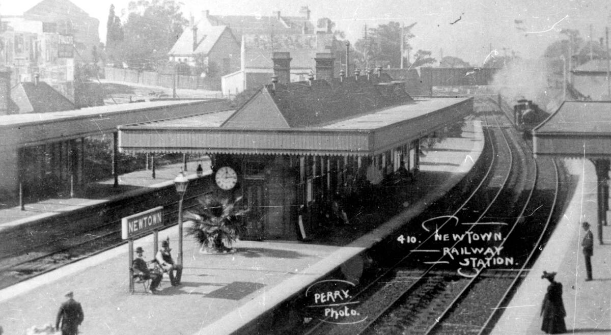 A 1895 photo of Newtown Railway Station, with Byam's clock clearly visible on the platform. Picture: NSW Railway Historical Society