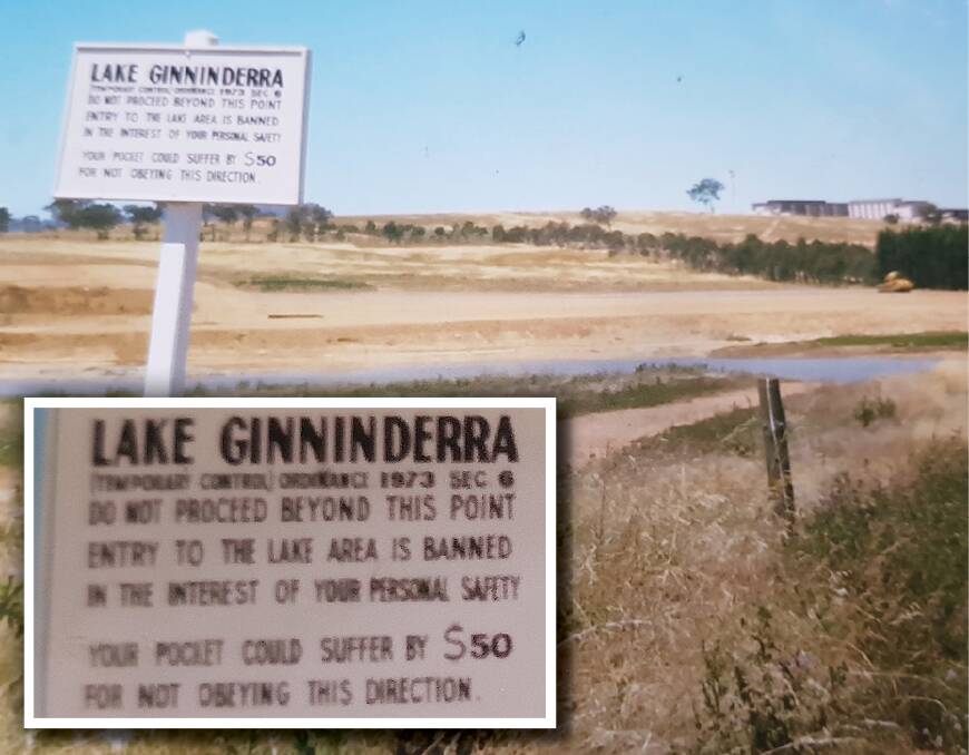 Check out the wording on this sign that stood at the site of Belconnen's Lake Ginninderra in the early 1980s. Picture by Frank Cassidy