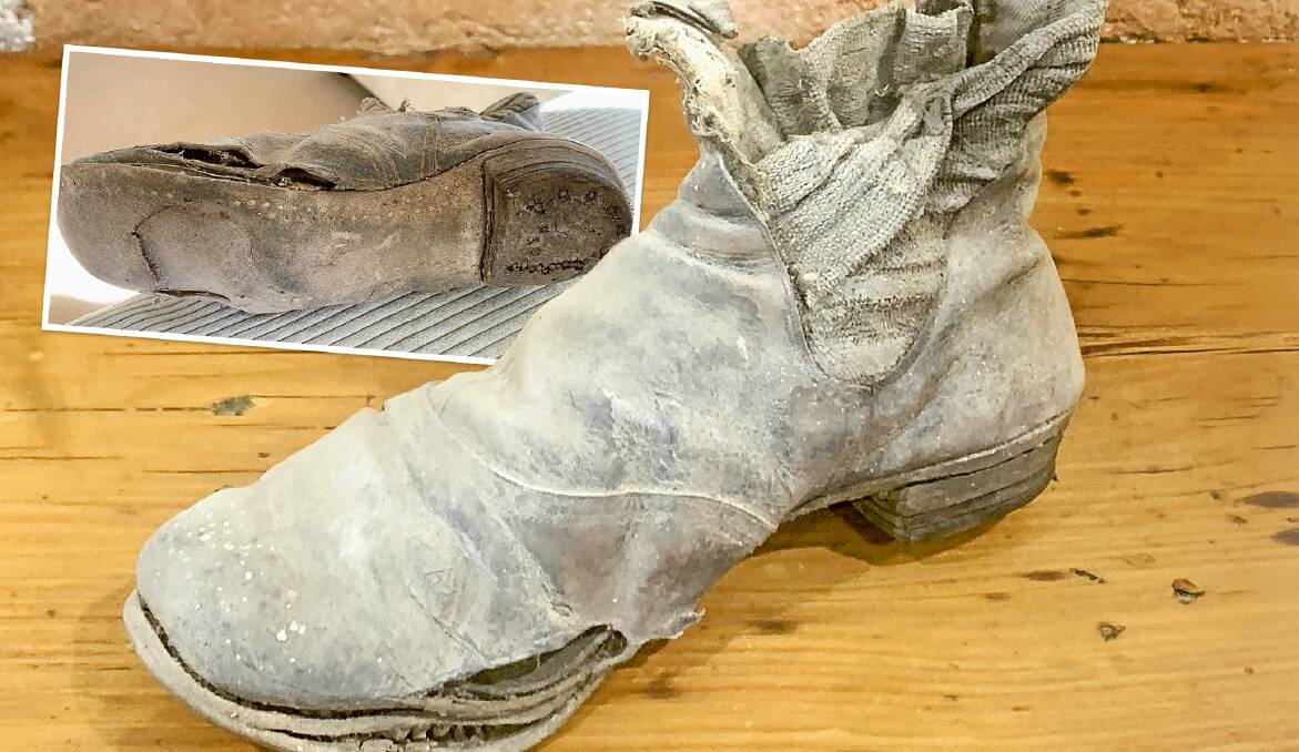 The ladies shoe found hidden under the floorboards of a Braidwood building was too far gone for the cobbler. Pictures: Derek Duffy