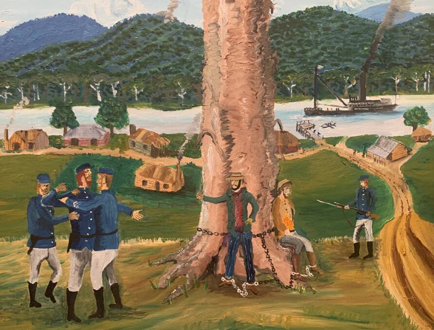 A Greg Willis painting depicting the Clarke Brothers tied to a tree at Nelligen before being shipped to Sydney for trial, execution and burial. Picture: Supplied