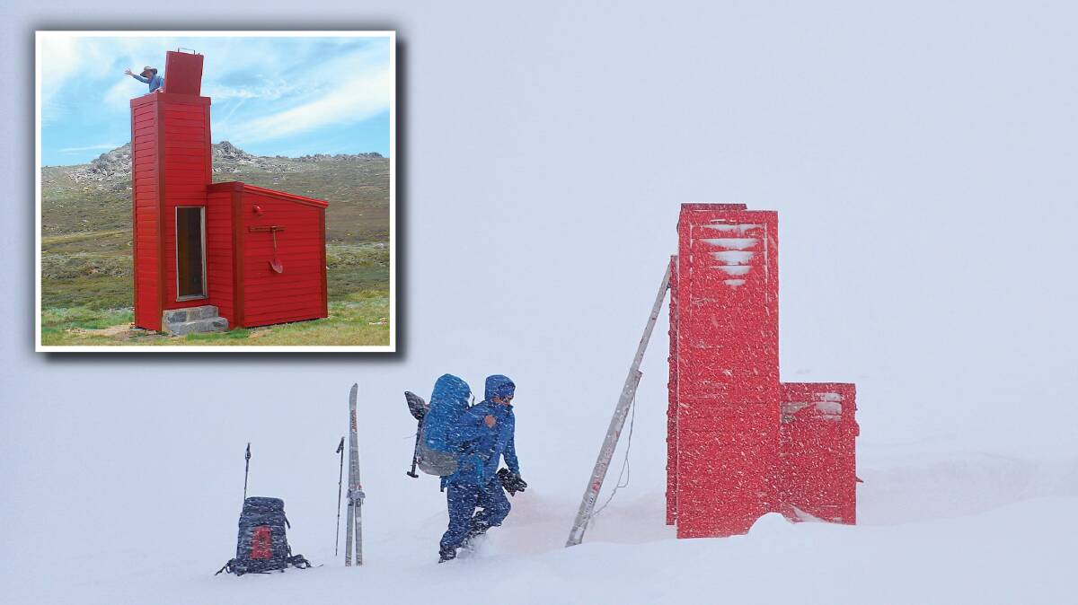 As a blizzard closes in, a back country skier approaches the roof-top tower to seek shelter in Cootapatamba Hut. Inset: Tim at the hut last summer. Pictures: Peter Blunt, Graham Scully