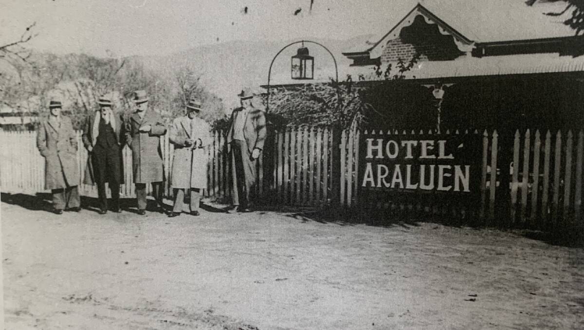 Group of men outside the Hotel Araluen circa 1930, including publican Jack Collins (far right). Picture supplied