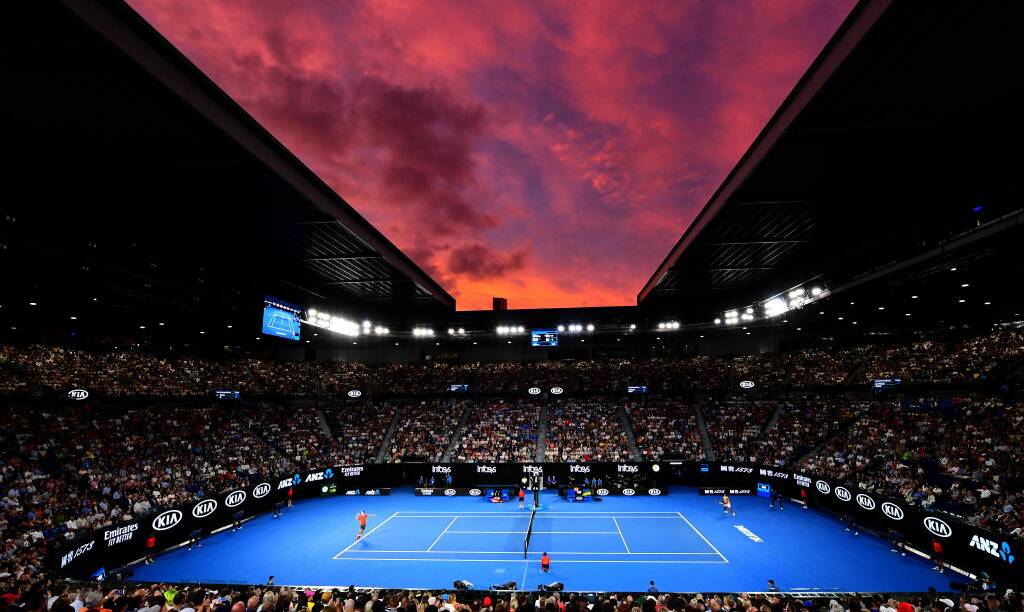 Raphael Nadal and Alex De Minaur do battle on a sultry Melbourne evening. Picture: Getty Images