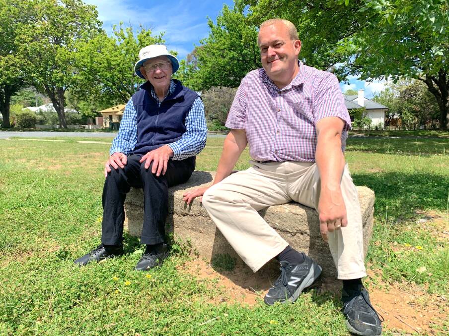 Kenneth Sharp and his son Robert at Ainslie's concrete block. Picture: Tim the Yowie Man