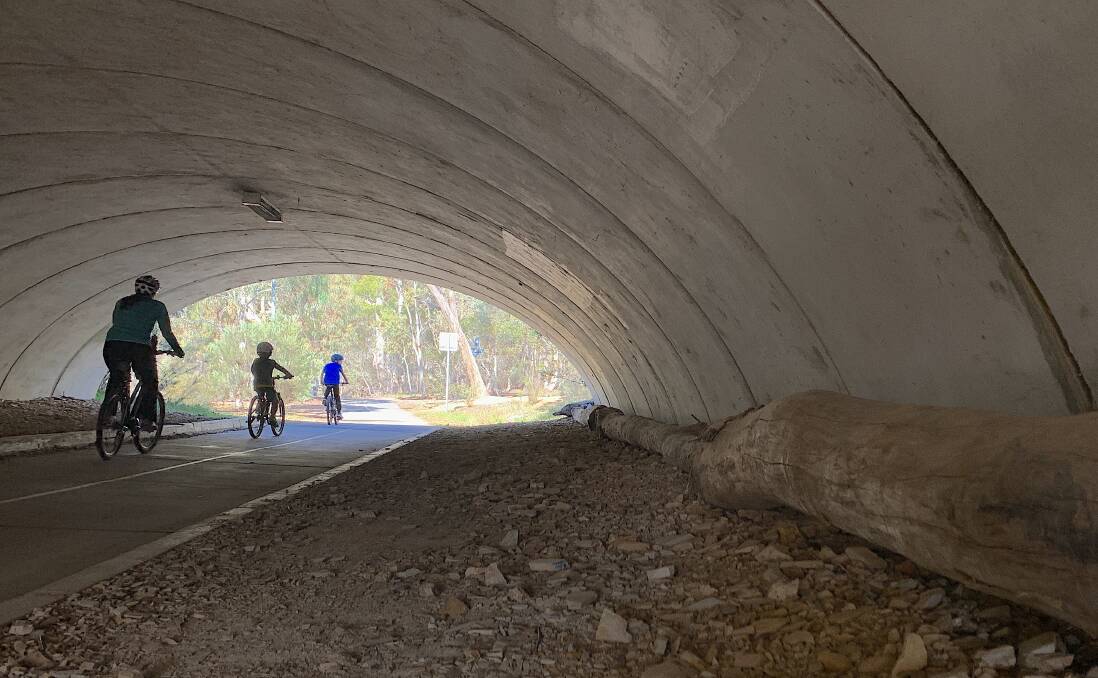 Many people cycle and walk through underpasses like this one on Gungahlin Drive, oblivious to the purpose of the logs laid end to end along the ground. Picture: Tim the Yowie Man