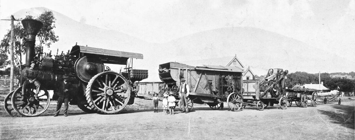 Ernie Gribble (standing, second from left) with the family's steam engine in Victoria Street, Hall, circa 1919-20. Picture: Hall School Museum & Heritage Centre