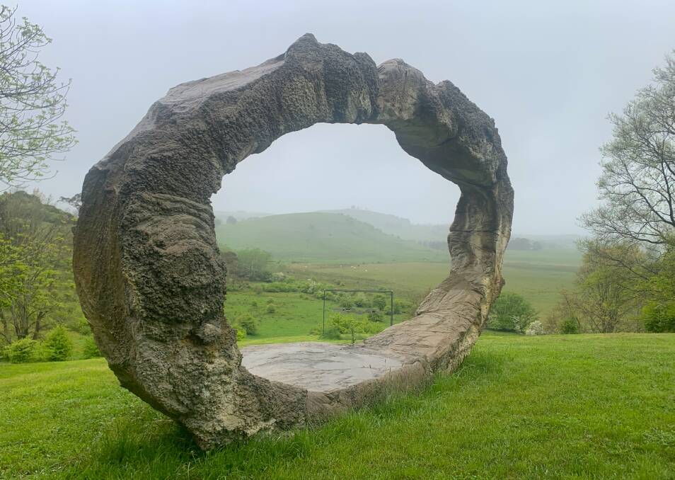 Peter Lundberg's sculpture 'Chopins Loop' frames the misty vista: Picture by Tim the Yowie Man