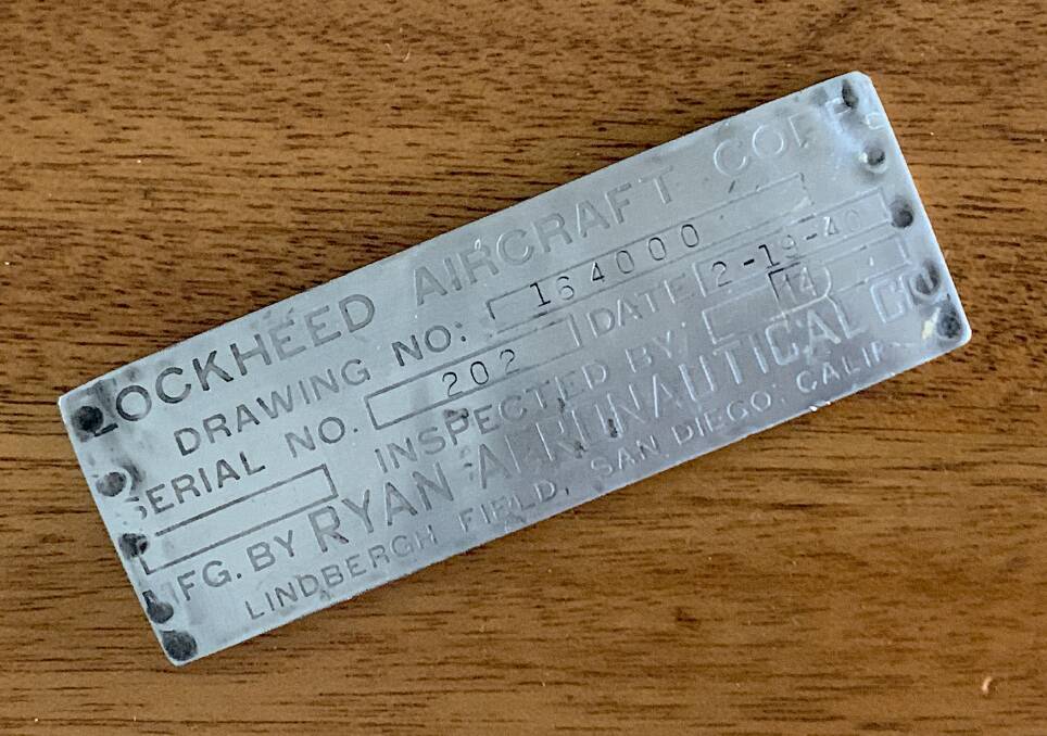 The manufacturer's plate from the Lockheed Hudson A16-97 that crashed near Canberra airport in 1940. Picture: Tim the Yowie Man