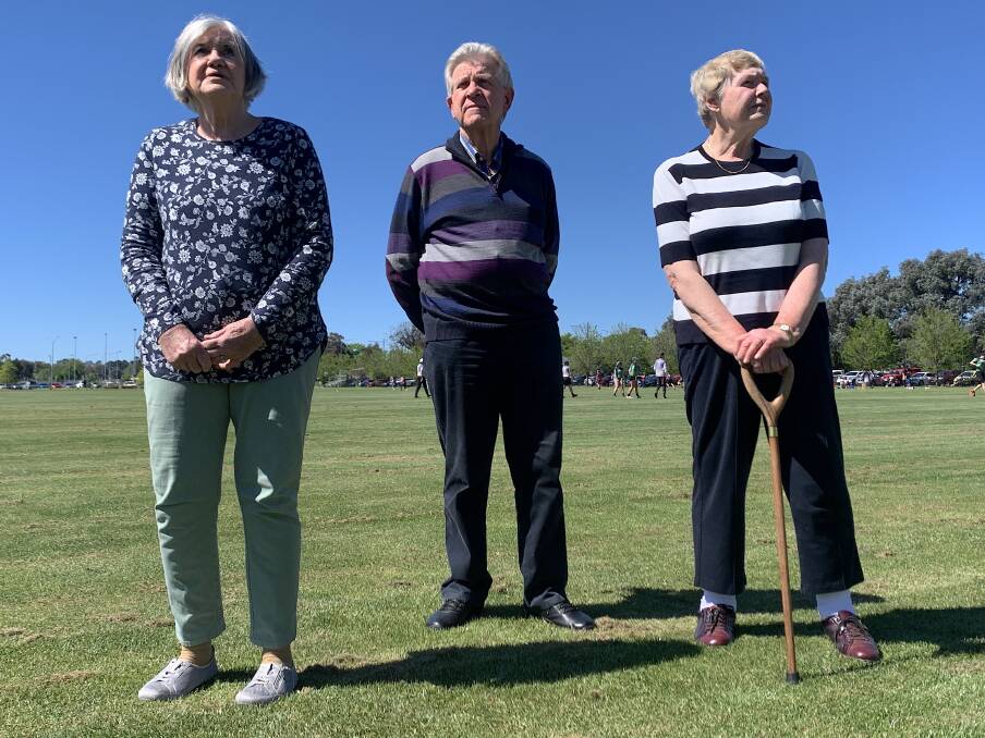 Meg Hartmann, Murray Hanson and Margaret Hanson revisit Lyneham's Southwell Park, the scene of a deadly lightning strike in 1963. Picture: Tim the Yowie Man
