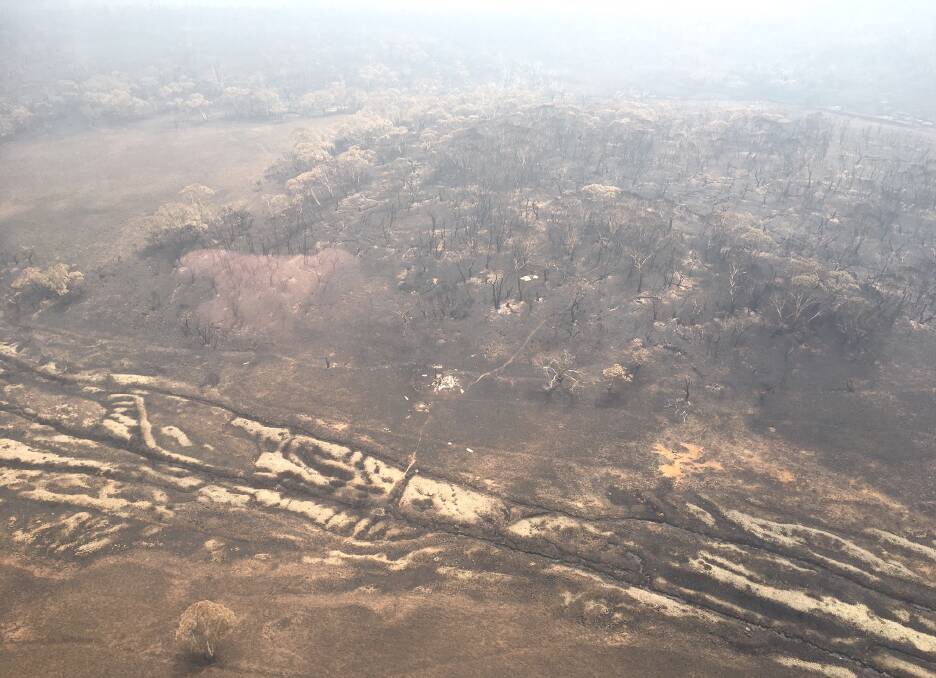 Aerial view of the ruins of Four Mile Hut shortly in January 2020. Picture: Christopher Knight and Canberra Helicopters