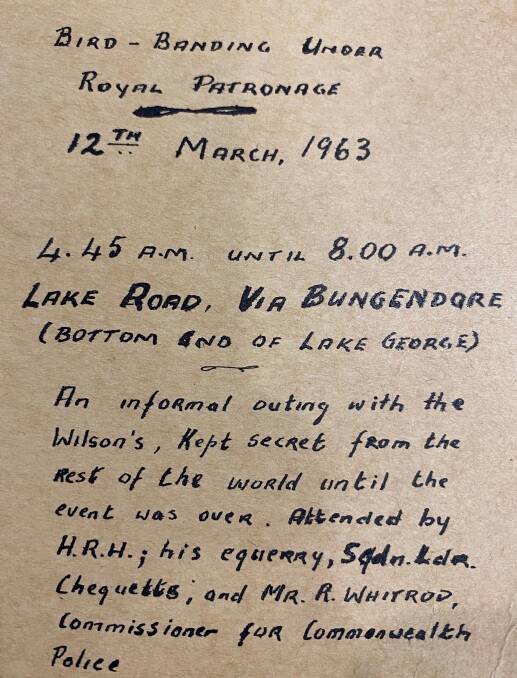A handwritten note in the Wilson family album details the top-secret nature of the 1963 Lake George bird watching field trip with Prince Philip. Picture: Courtesy of Sarah Buchanan