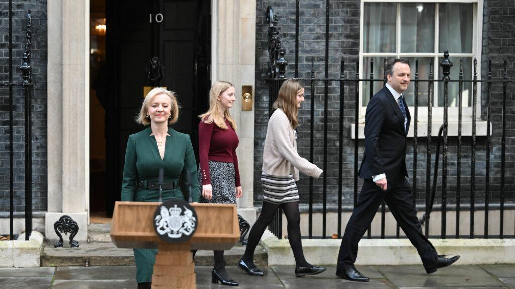 Outgoing UK prime minister Liz Truss, with husband Hugh O'Leary and daughters Frances and Liberty, announces her resignation this week. Picture Getty Images