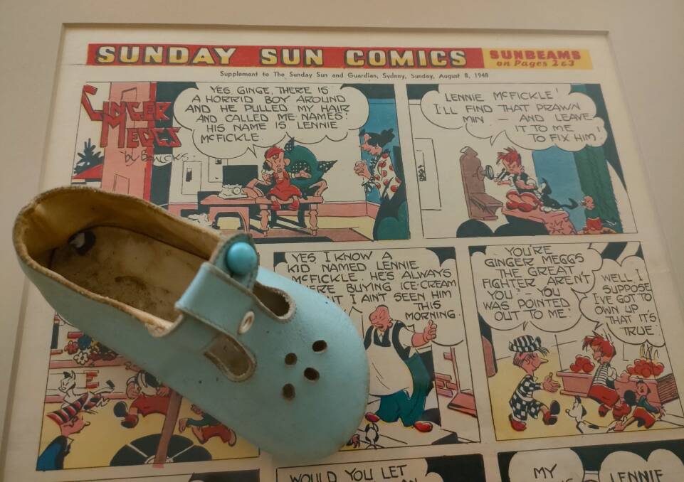 The child's shoe and 1948 Ginger Meggs comic unearthed during renovations at a Queanbeyan house. Picture: Fenji Stradwick