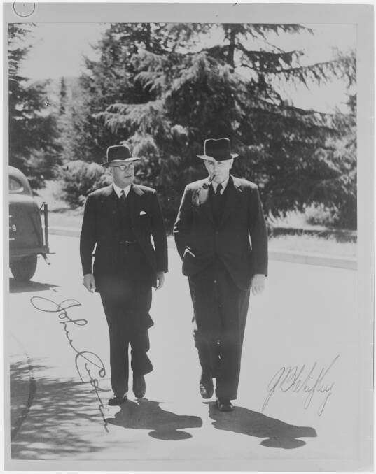 The iconic 1945 photograph of John Curtin and Ben Chifley walking from the Kurrajong Hotel to Old Parliament House. Picture: Don Stephens, courtest of National Archives of Australia