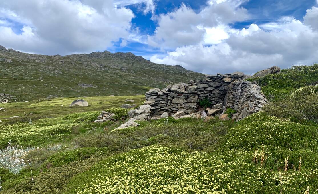 The mysterious Mason Moraine Shelter sits snug on a hillside in backcountry near Charlotte Pass. Picture: Tim the Yowie Man