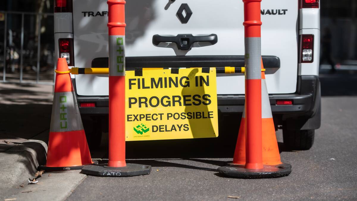 Unusual road signs around the film set in Canberra's city centre. Picture: Karleen Minney. 