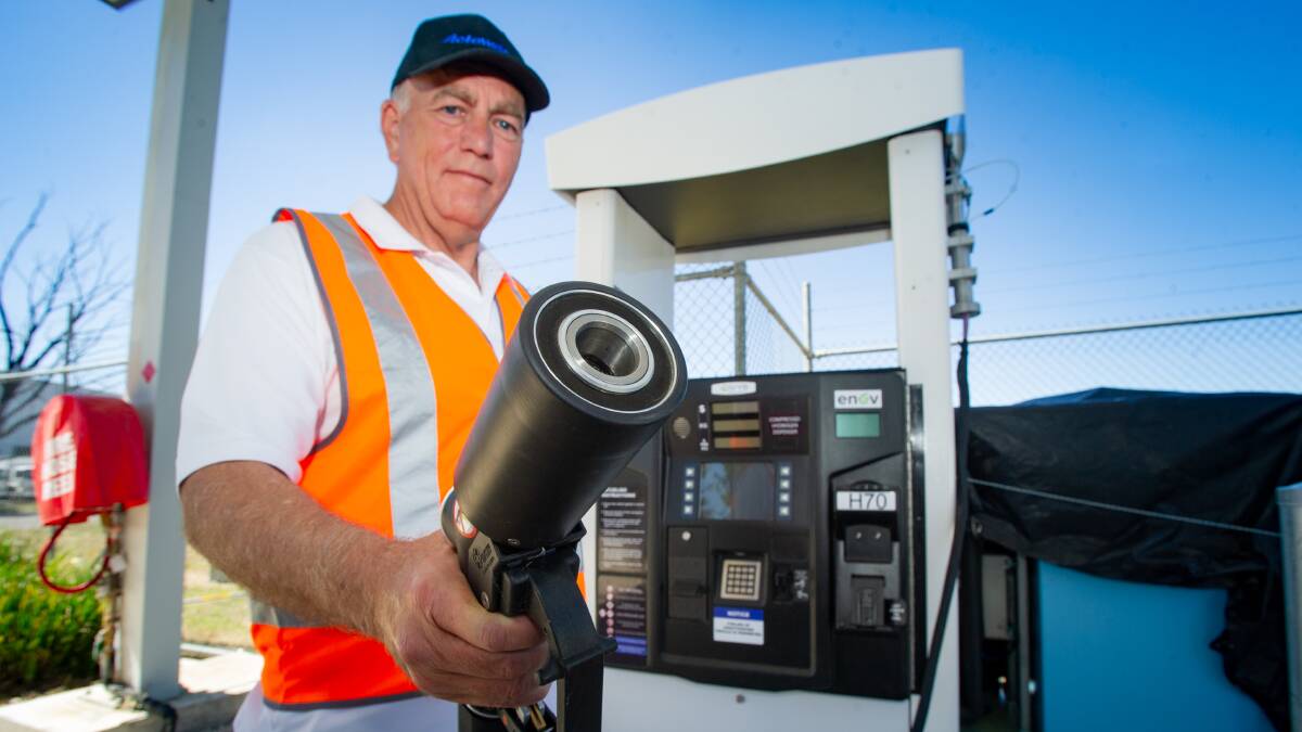 ActewAGL's Mark Smeaton with the high-pressure dispenser for the chilled hydrogen soon to flow from the Fyshwick station. Picture: Elesa Kurtz 