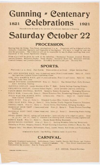 The poster for Gunning's 100-year celebrations in 1921 features such games as sheaf-pitching, a tug-of-war and a boy and rooster race. Picture: Supplied