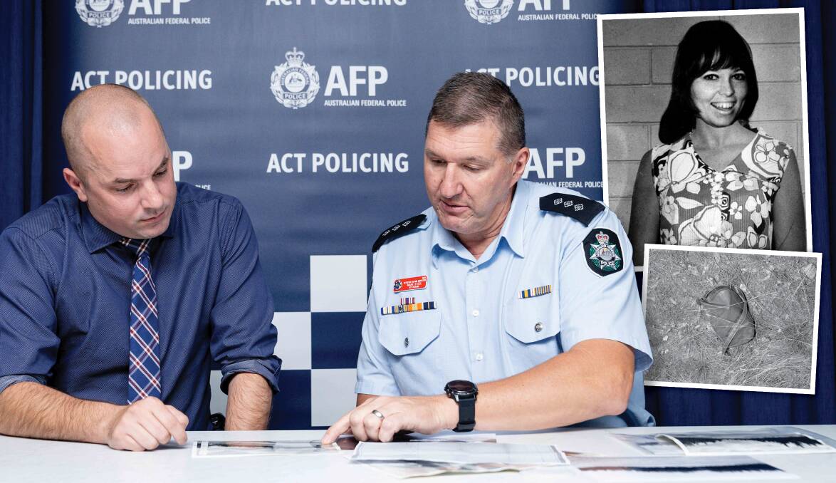 Re-examining the case 50 years on are ACT detectives Adam Rynehart and Mark Steel, with victim Keren Rowland, inset right, and her discarded handbag from the 1971 crime scene at Fairbairn. Pictures: Supplied 