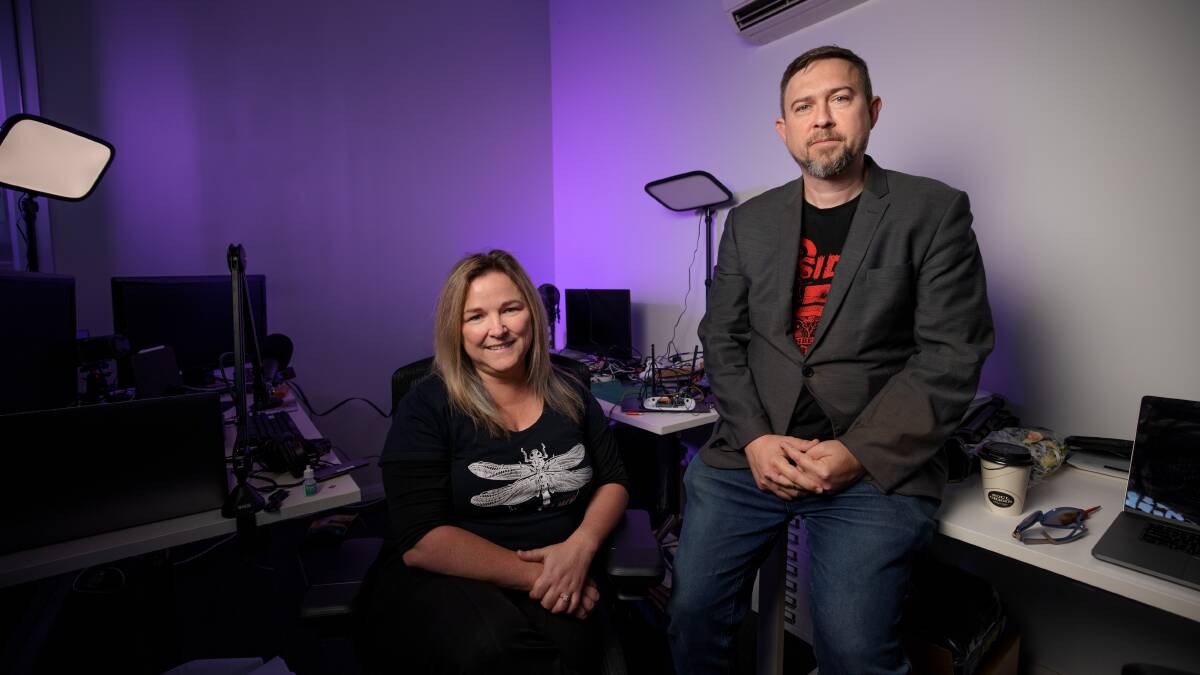 Canberra cyberhacking gurus Kylie McDevitt and Silvio Cesare run their small but busy company Infosect from a small office in Fyshwick. Picture: Sitthixay Ditthavong