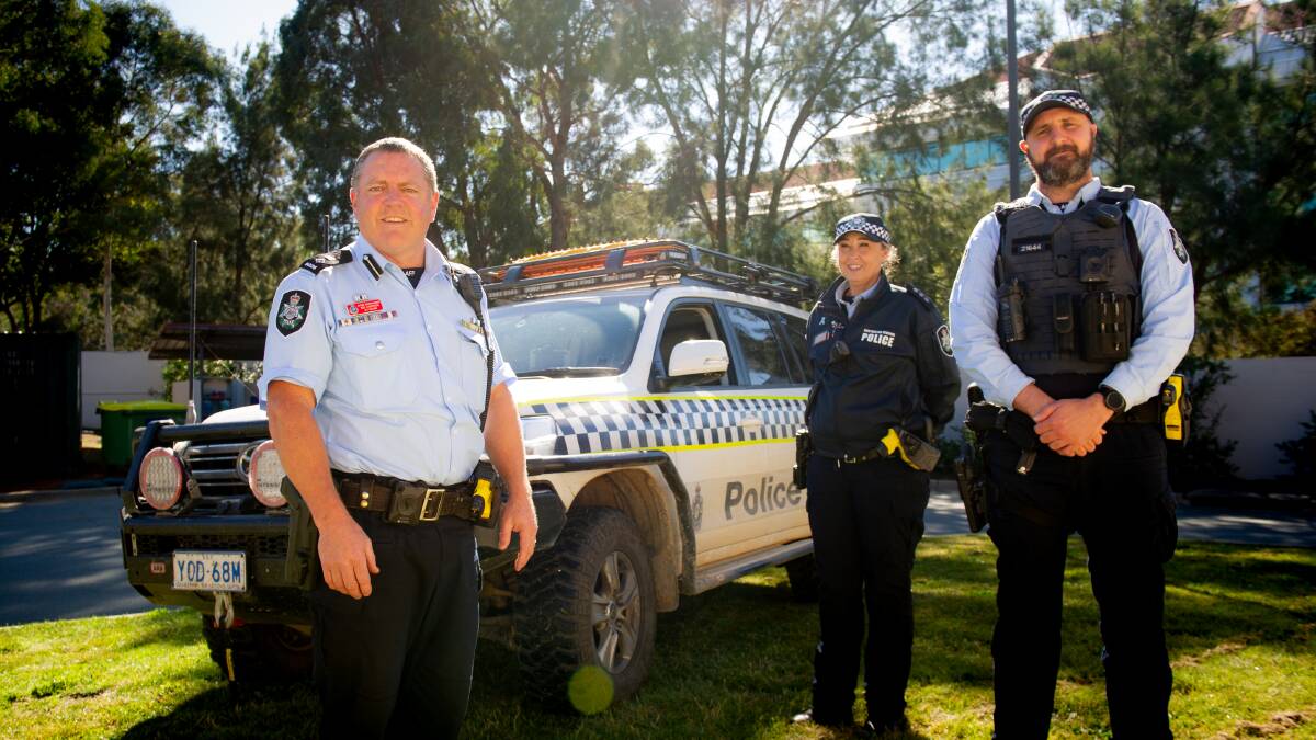 South District Superintendent Rod Anderson, Acting Inspector Libby Swain and Senior Constable Ryan Carmody with the police rural patrol 4WD. Picture: Elesa Kurtz 