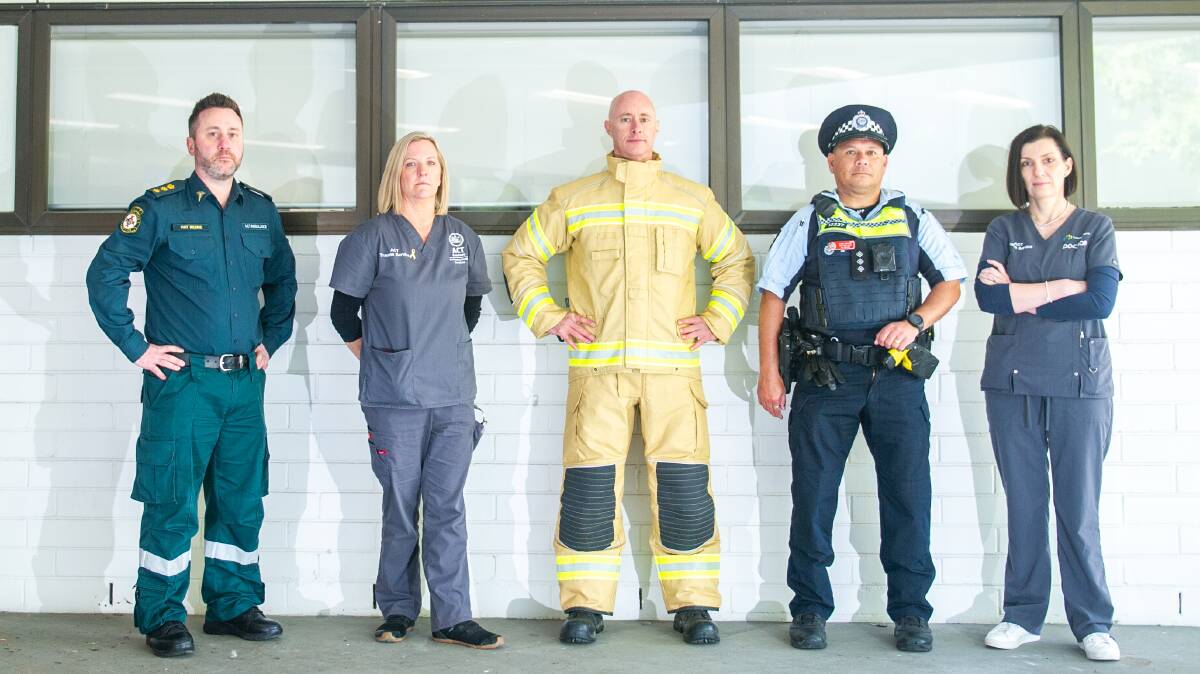Acting general manager for ACT Ambulance Pat Meere, intensive care paramedic Nardine Johnson, ACT Fire and Rescue Commander Guy Cassis, ACT Road Policing Acting Inspector Ken Williams and trauma surgeon Dr Ailene Fitzgerald. Picture by Karleen Minney