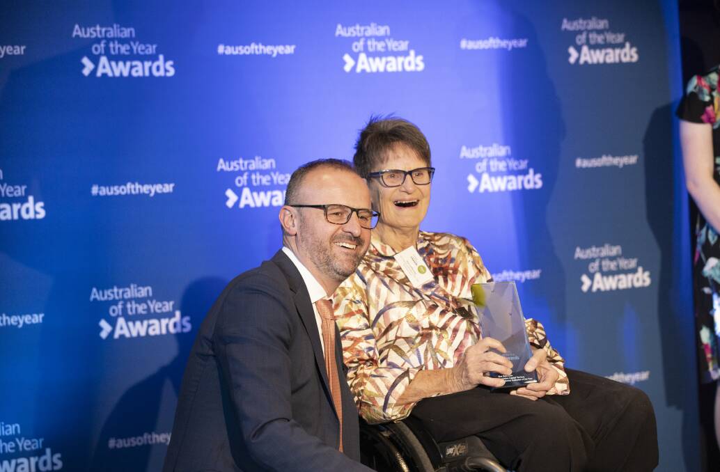 Chief Minister Andrew Barr with Sue Salthouse, when she was awarded 2020 ACT Senior Citizen of the Year. Picture: Sitthixay Ditthavong