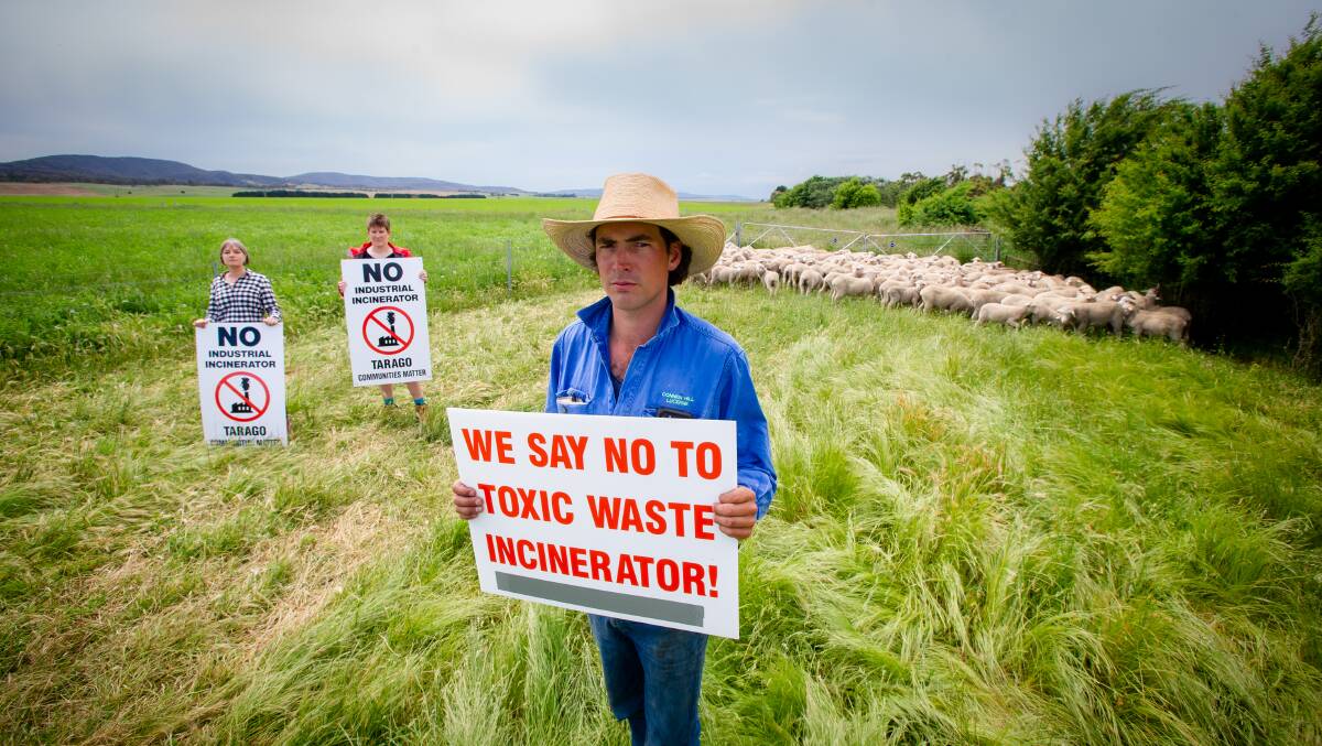 Tarago residents Paige Davis and Fiona Jeffery, with Lake Bathurst farmer Austin McLennan, are opposing the waste incinerator planned for Woodlawn. Picture: Elesa Kurtz