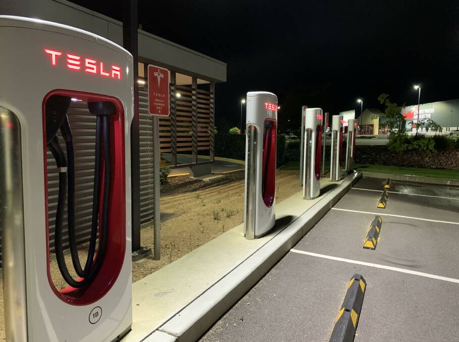 The bank of Tesla-only rapid chargers at Majura. Picture: Peter Brewer