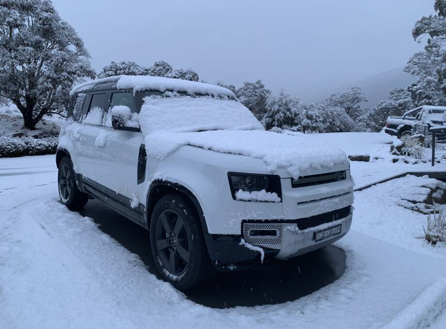 The new Land Rover Defender blanketed in snow at Lake Crackenback. Picture Peter Brewer 