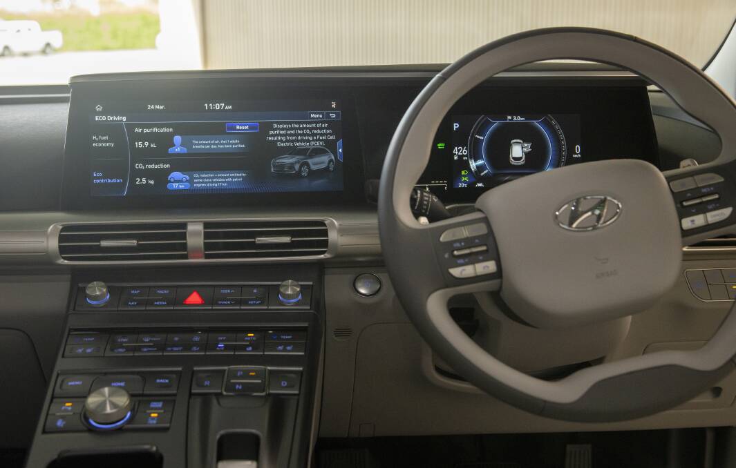 The advanced electronic driver interface inside the Hyundai Nexo. Picture: Keegan Carroll 