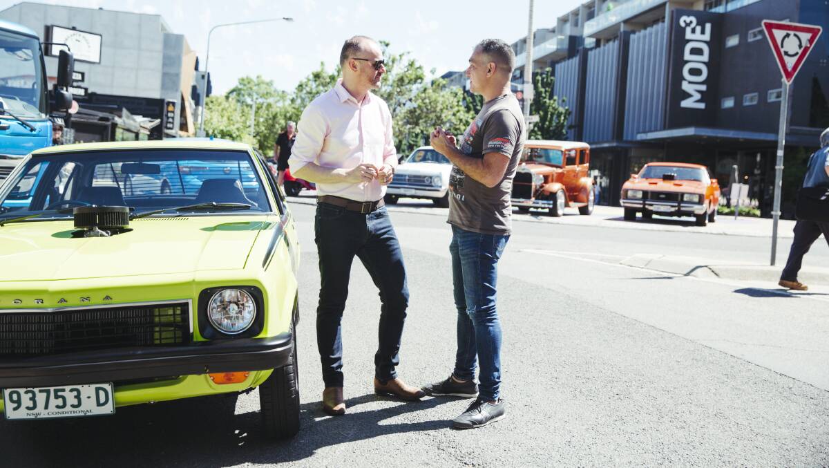 ACT Chief Minister Andrew Barr and Summernats promoter Andy Lopez talk about the upcoming fringe event on Lonsdale St. Picture: Dion Georgopoulos