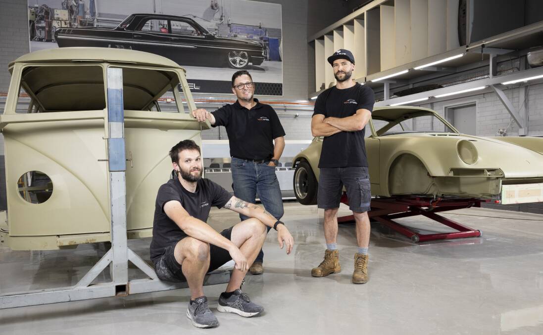David "Naz" Narik, Steve Mommsen and Jimmy Trapp inside the Queanbeyan workshop where the Porsche judged Summernats grand champion was crafted. Picture by Keegan Carroll