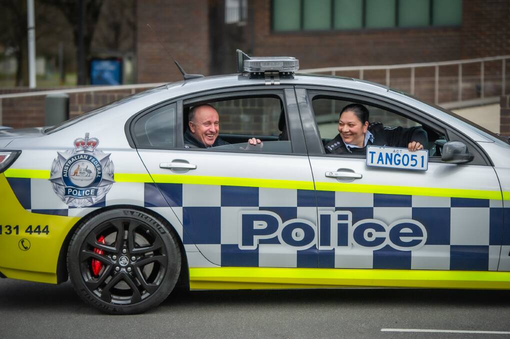Chief Police Officer Gaughan was slightly embarrassed to find himself in the back of a police car handed over to the AFP Museum in 2022. Picture by Karleen Minney