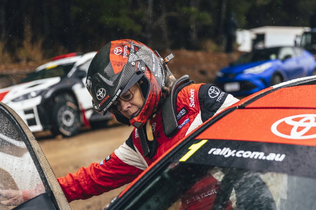 Coral Taylor climbs aboard the Toyota Yaris AP4 rally car during testing this week in Tasmania. Picture: Jack Martin