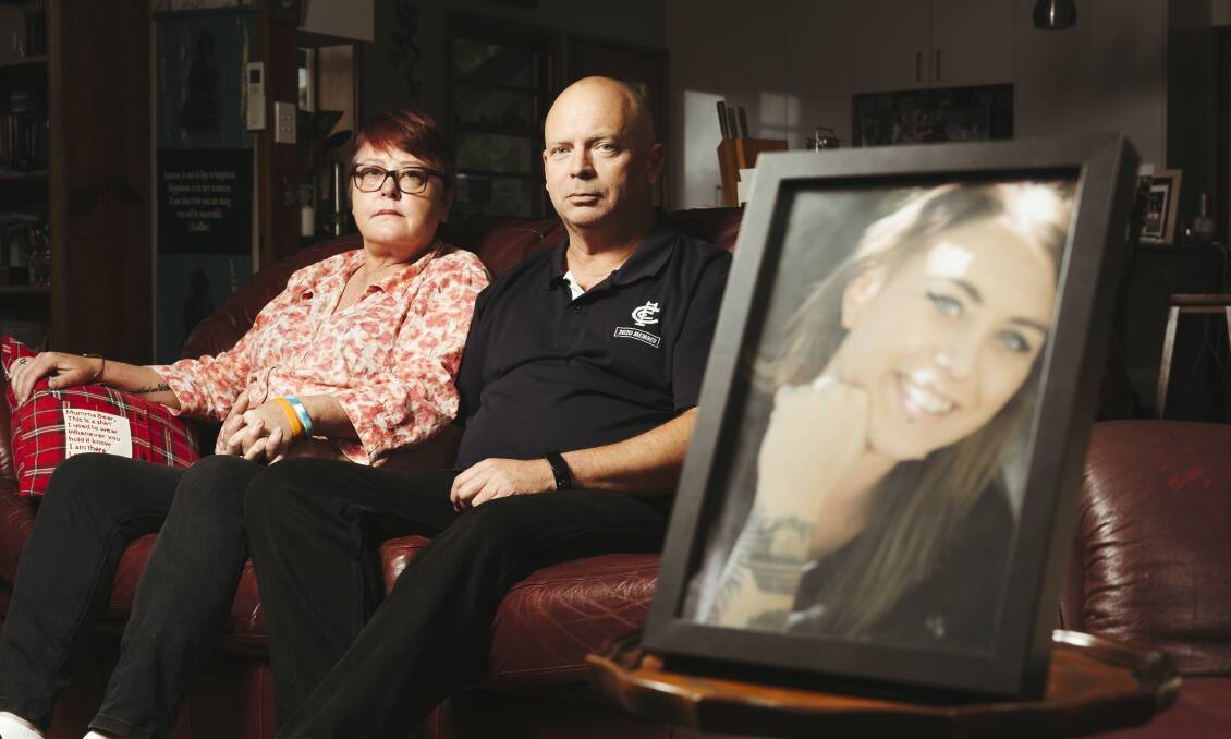 Janine Haskins and husband Peter McLaren with a portrait of their late daughter Bronte. Picture: Dion Georgopoulos