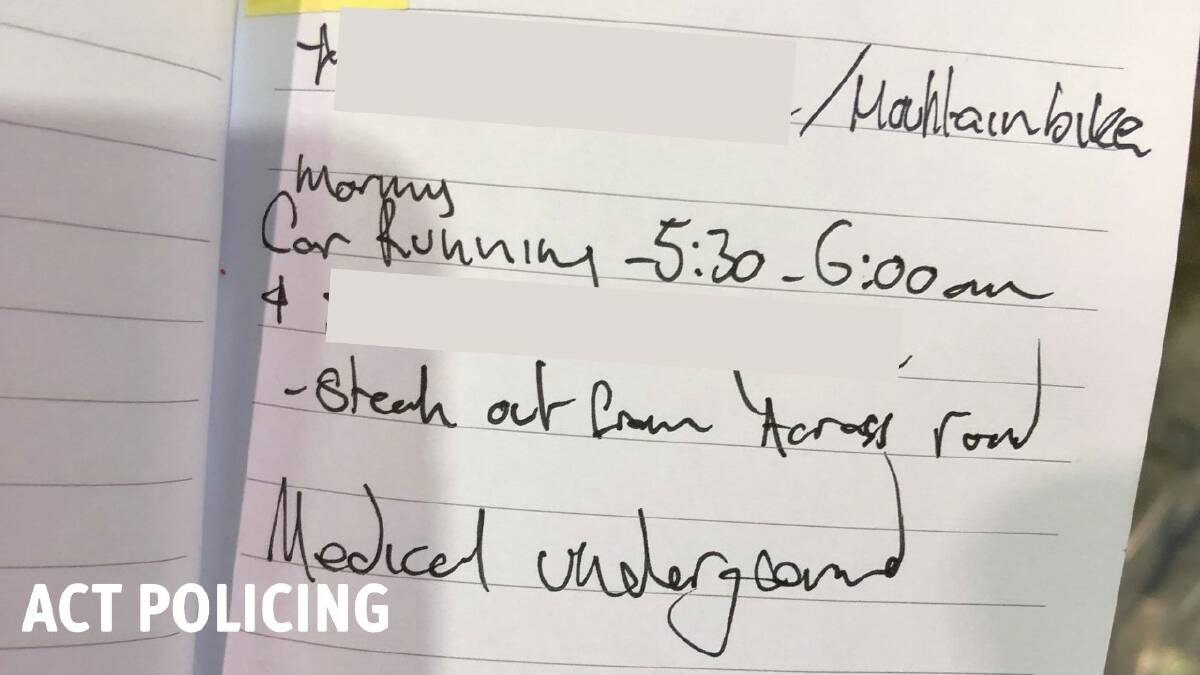 An excerpt from a Canberra car thief's notebook, seized by police. Picture: ACT Policing