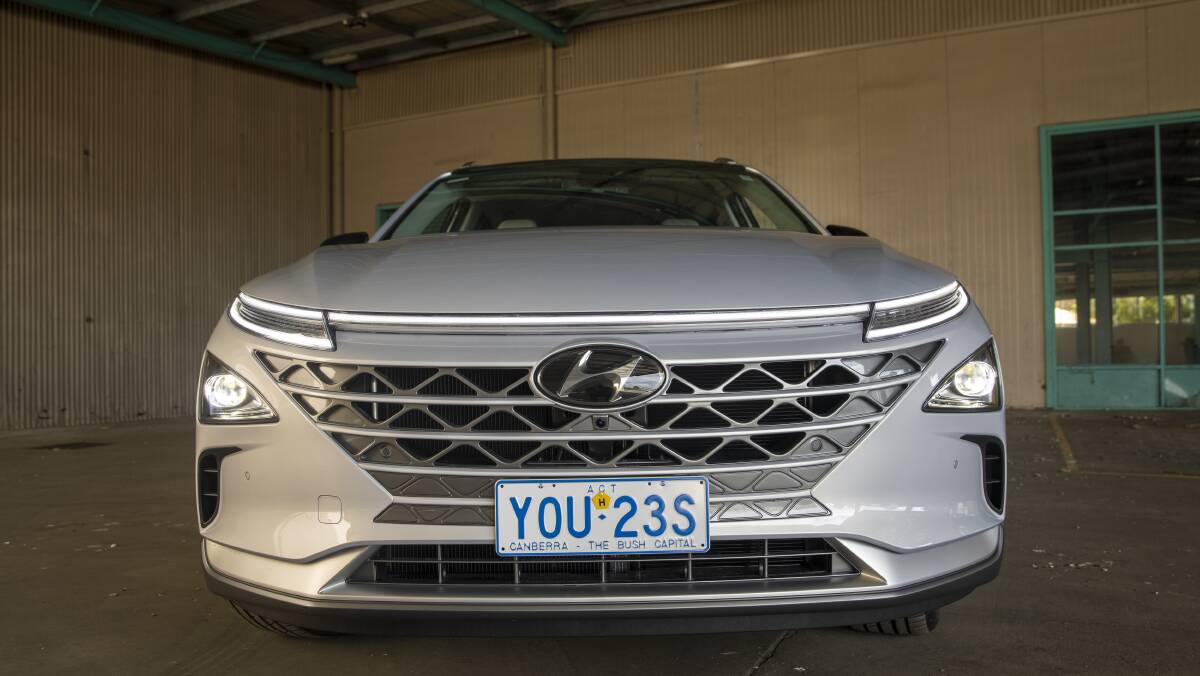 The yellow H tag on the number plate denotes the Nexo as a hydrogen fuel cell car. Picture: Keegan Carroll 