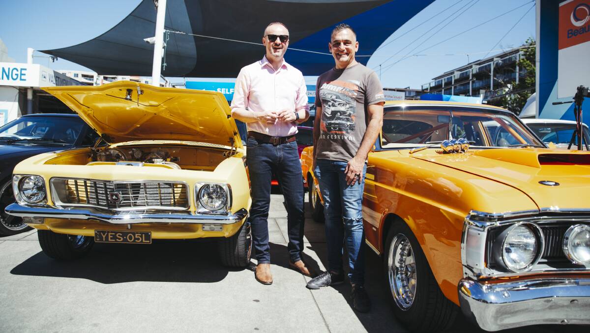 Chief Minister Andrew Barr with promoter Andy Lopez and the Summernats launch in Braddon on Friday. Picture: Dion Georgopoulos