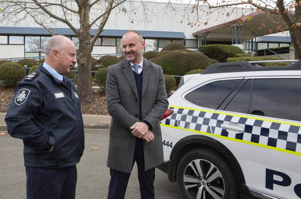Chief Police Officer Neil Gaughan and Chief Minister Andrew Barr at the Winchester Police Centre on Monday. Picture supplied