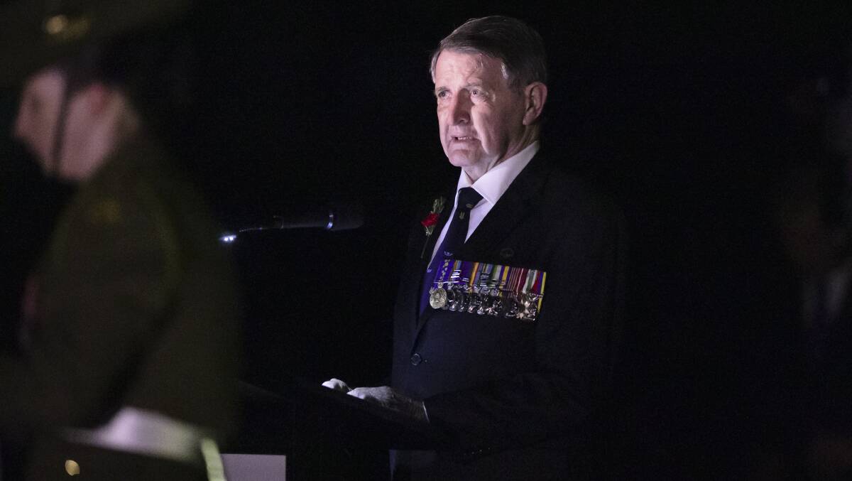 Veteran of three campaigns, Michael Ruffin, delivered the commemorative address during the Anzac Day Dawn Service in Canberra. Picture: Keegan Carroll 