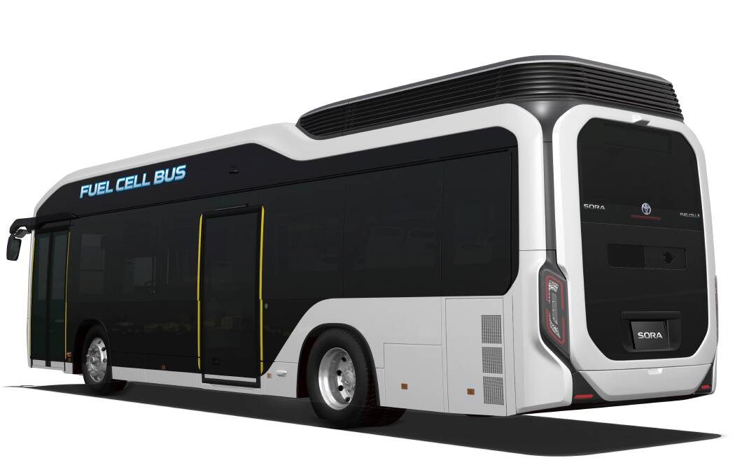 One of Toyota's fuel cell-powered Sora hydrogen buses, which are being built in their hundreds to ferry around athletes and visitors at the upcoming Tokyo Olympics. Picture: Toyota 
