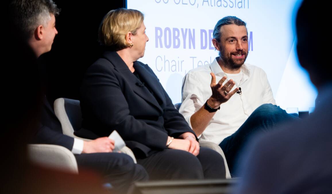 The head of Tesla Australia, Robyn Denholm and Atlassian co-founder Mike Cannon-Brookes, told the EV Summit of the need to accelerate tough emission standards. Picture: Elesa Kurtz