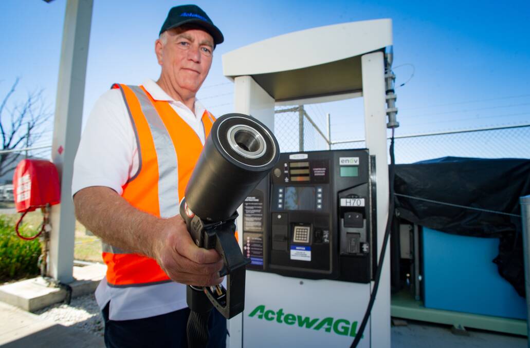 Mark Smeaton with the first hydrogen-dispensing bowser in Canberra. Picture: Elesa Kurtz.