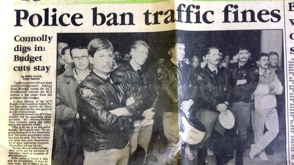 Flashback to September 1991 with disgruntled police meeting to begin industrial action.
