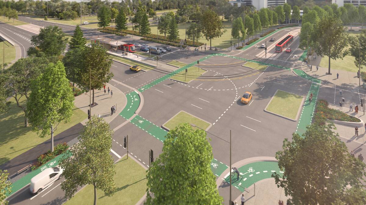 An artist's impression of the new City South station where the trams turn and head down the median to Commonwealth Park. Picture supplied