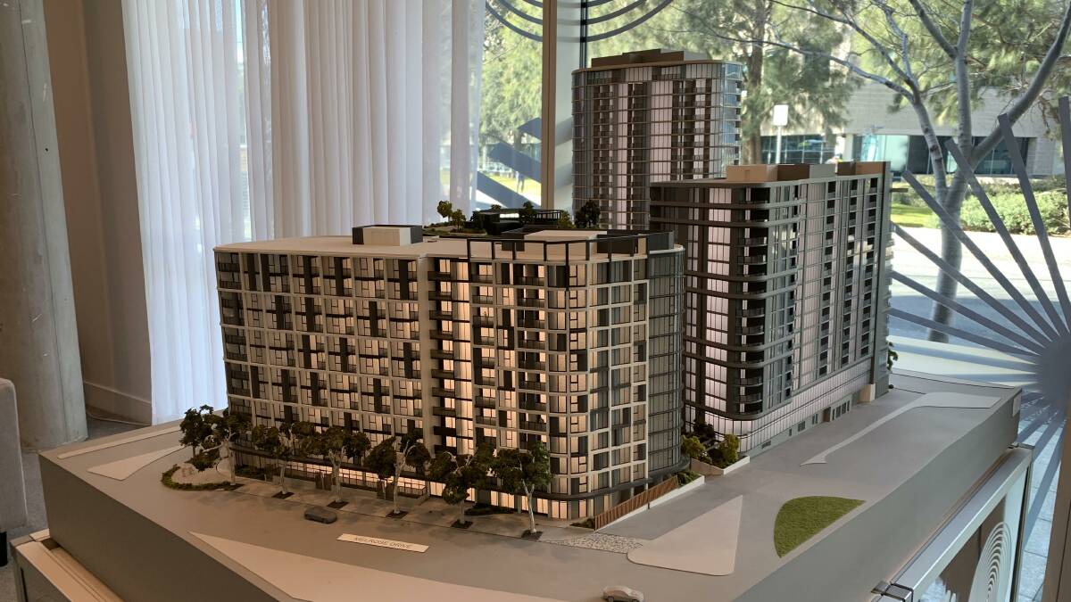 A model of the 797 apartment WOVA complex planned by Geocon on the Phillip site. Picture: Peter Brewer