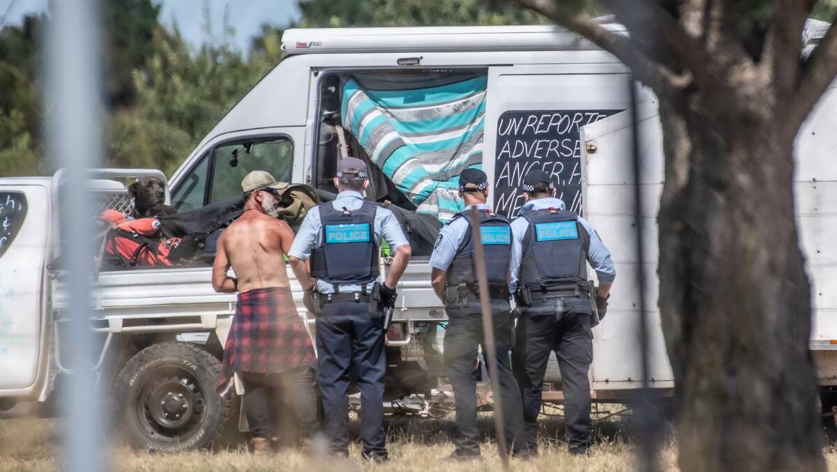 A major police operation was conducted in February to evict anti-vaccination, sovereign rights protesters who had shifted to Exhibition Park, but had to be moved on to accommodate the incoming Royal Canberra Show. Picture: Karleen Minney