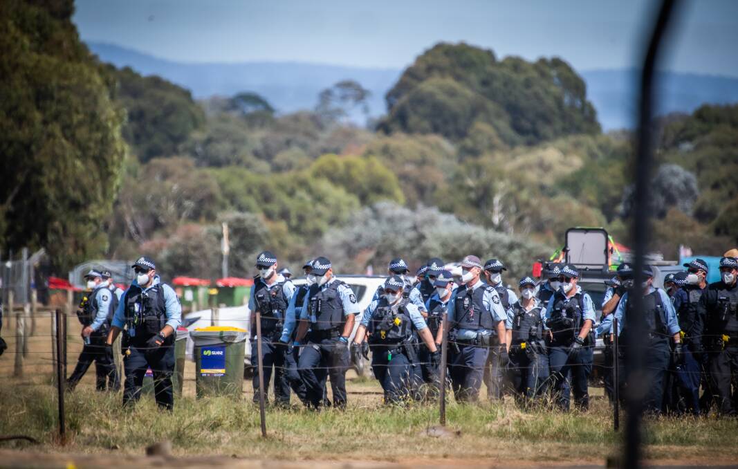 Flashback to February when dozens of police were required to move protesters from Exhibition Park. Picture by Karleen Minney