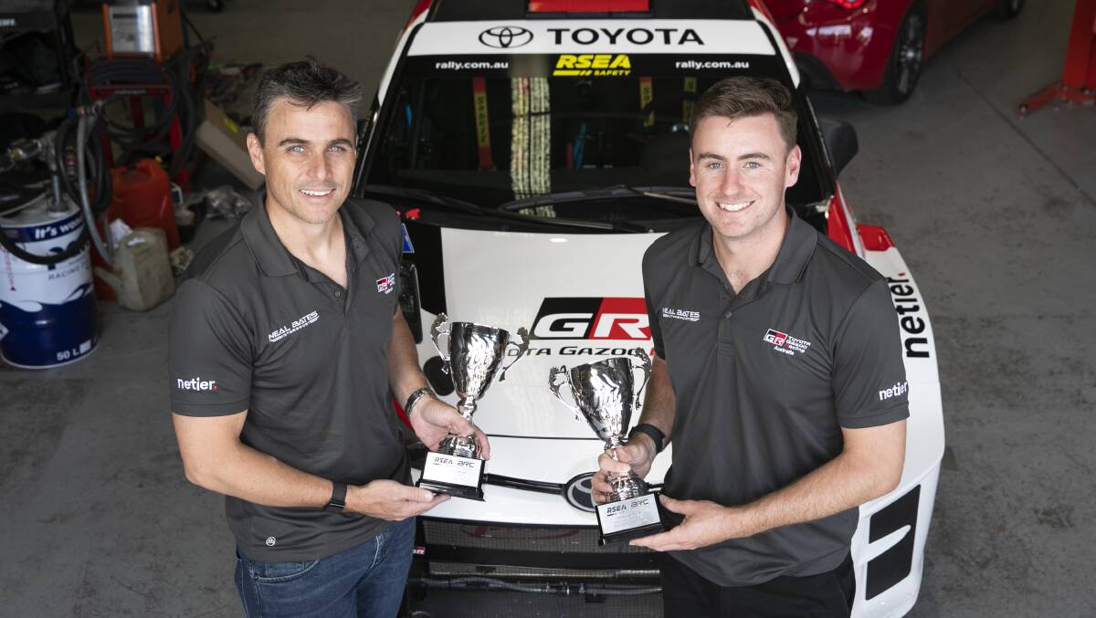 Despite being unbackable favourites John McCarthy, left, and Harry Bates again missed their shot at wrapping up the Australian Rally Championship but instead received consolation cups. Picture: Keegan Carroll 